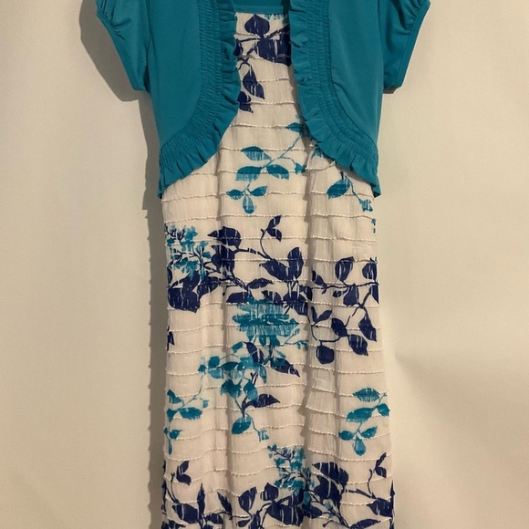 Speechless Dress Turquoise White 16 Girls Floral Ruffle Tiers Bolera Short Sleev - Picture 11 of 11